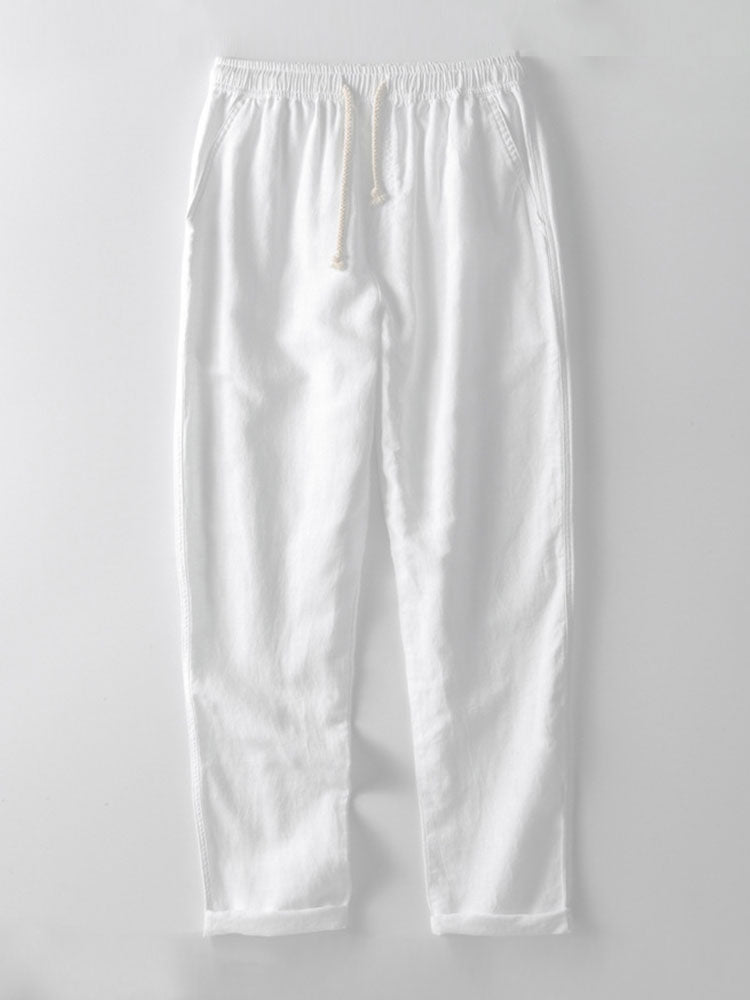 Polo de punto abierto a rayas con cuello Johnny y pantalones de lino de pierna recta