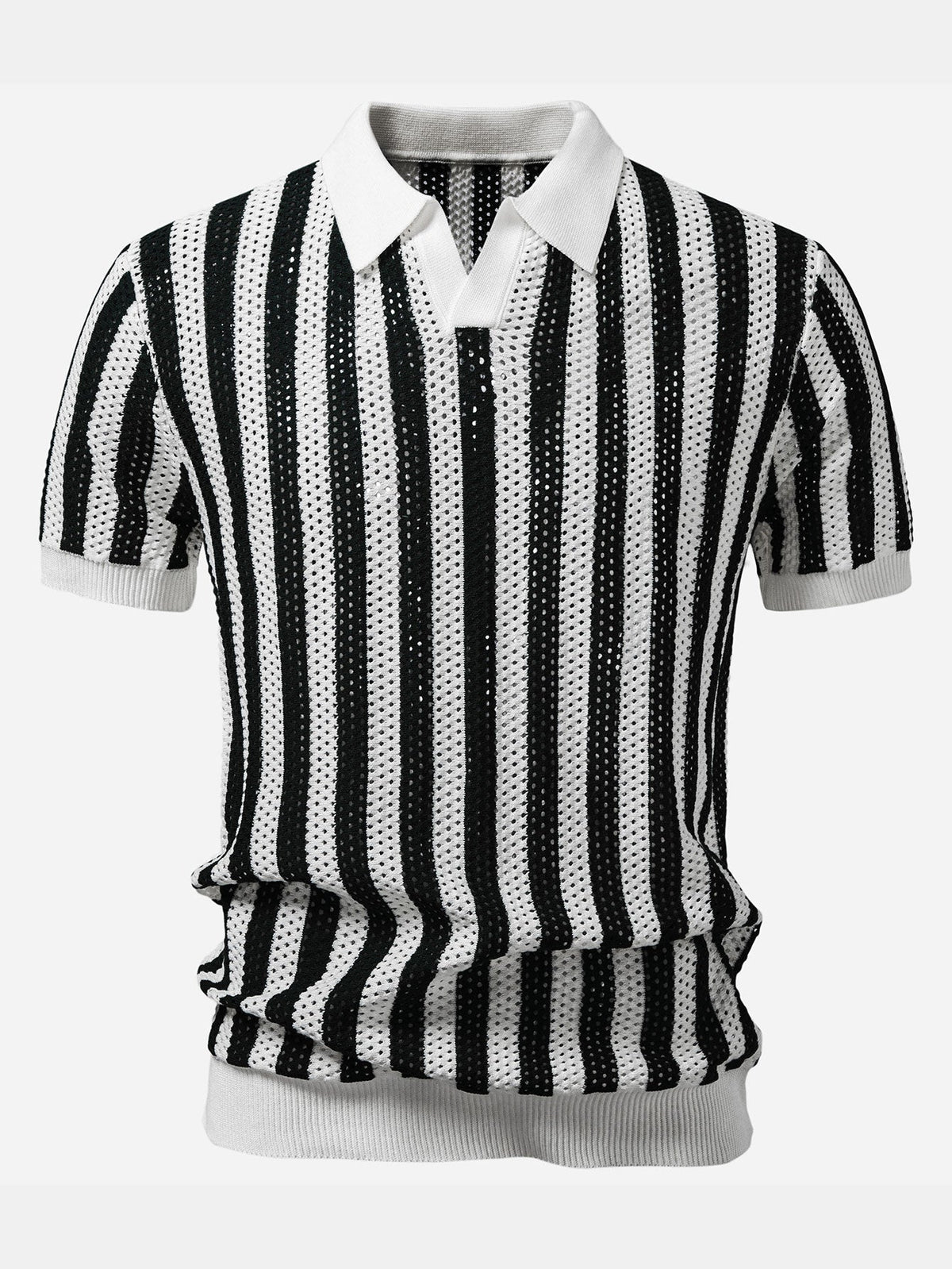 Polo de punto abierto a rayas con cuello Johnny y pantalones de lino de pierna recta