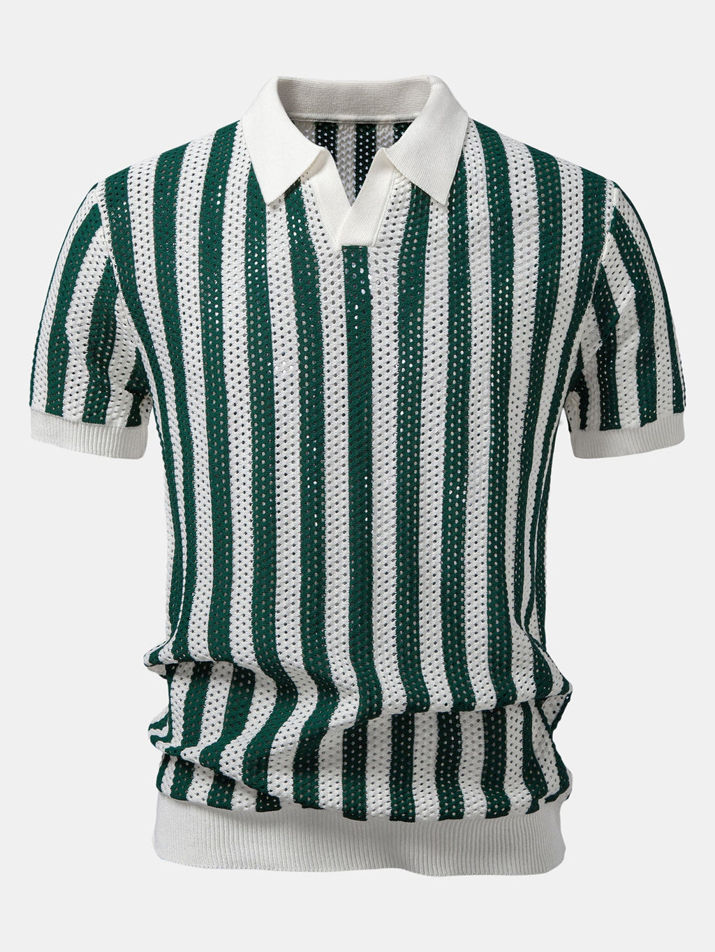 Polo de punto abierto a rayas con cuello Johnny y pantalones de lino de pierna recta