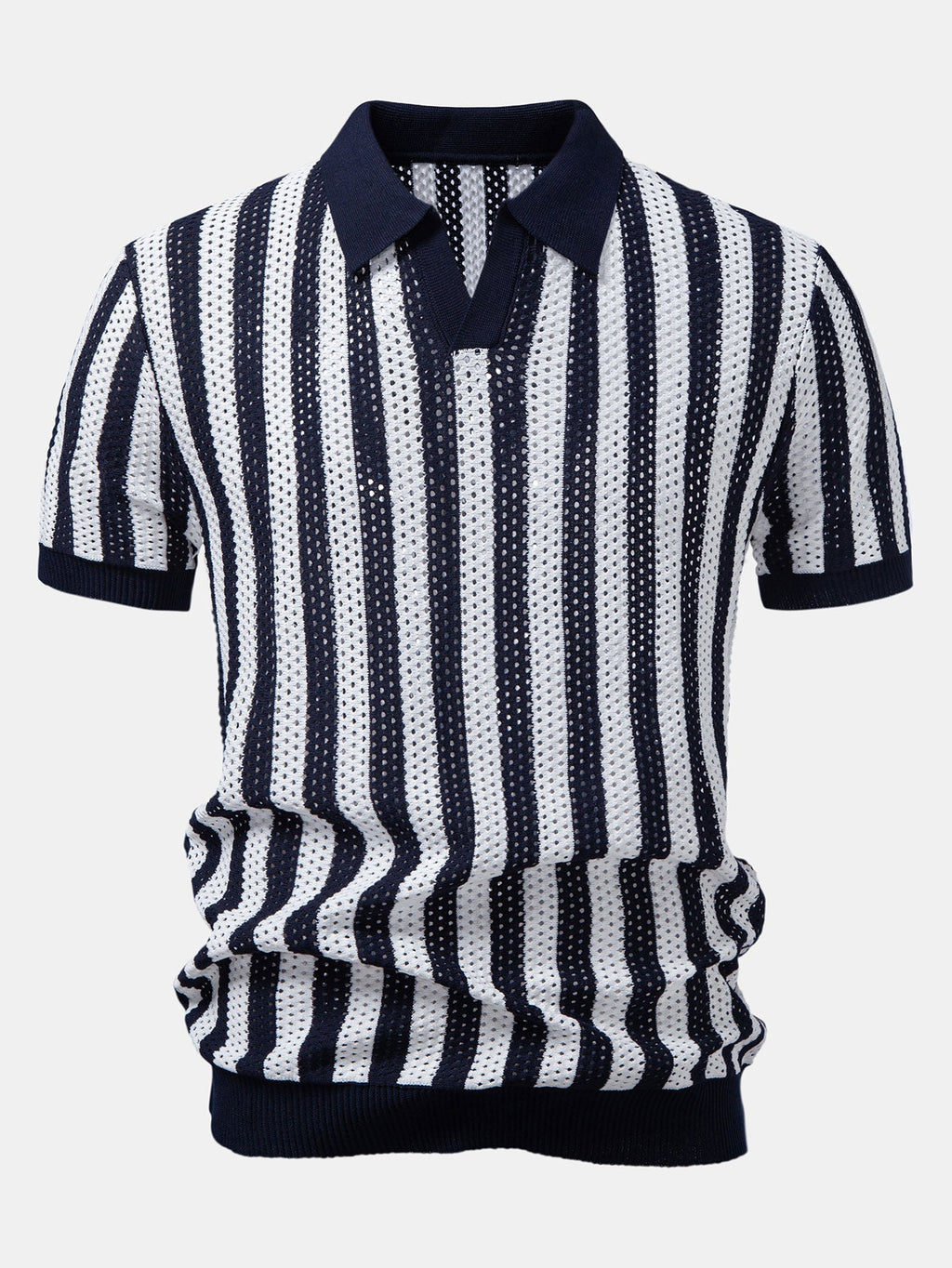 Polo de punto abierto a rayas con cuello Johnny y pantalones de lino de pierna recta