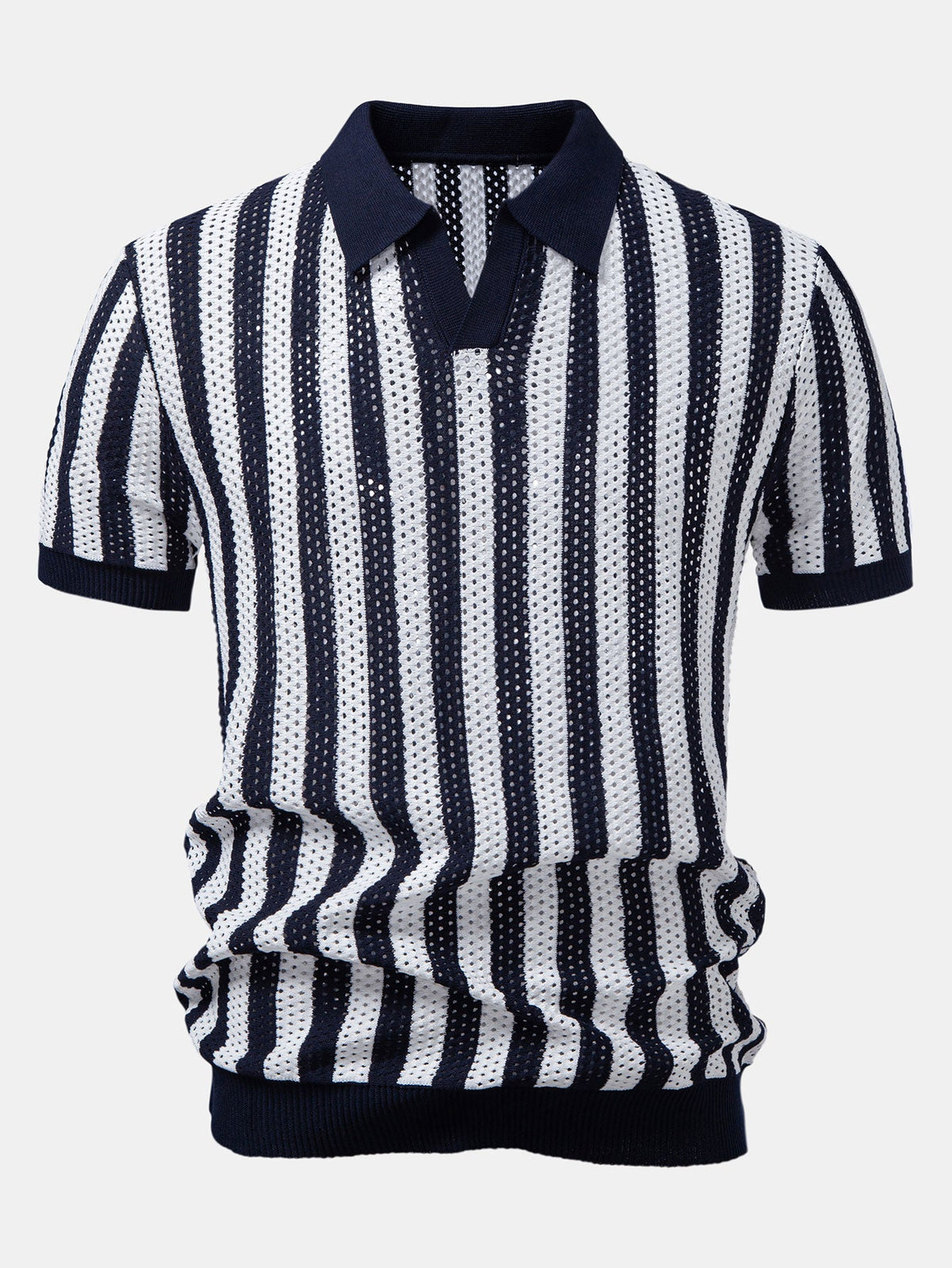 Polo de punto abierto a rayas con cuello Johnny y pantalones de lino de pierna recta