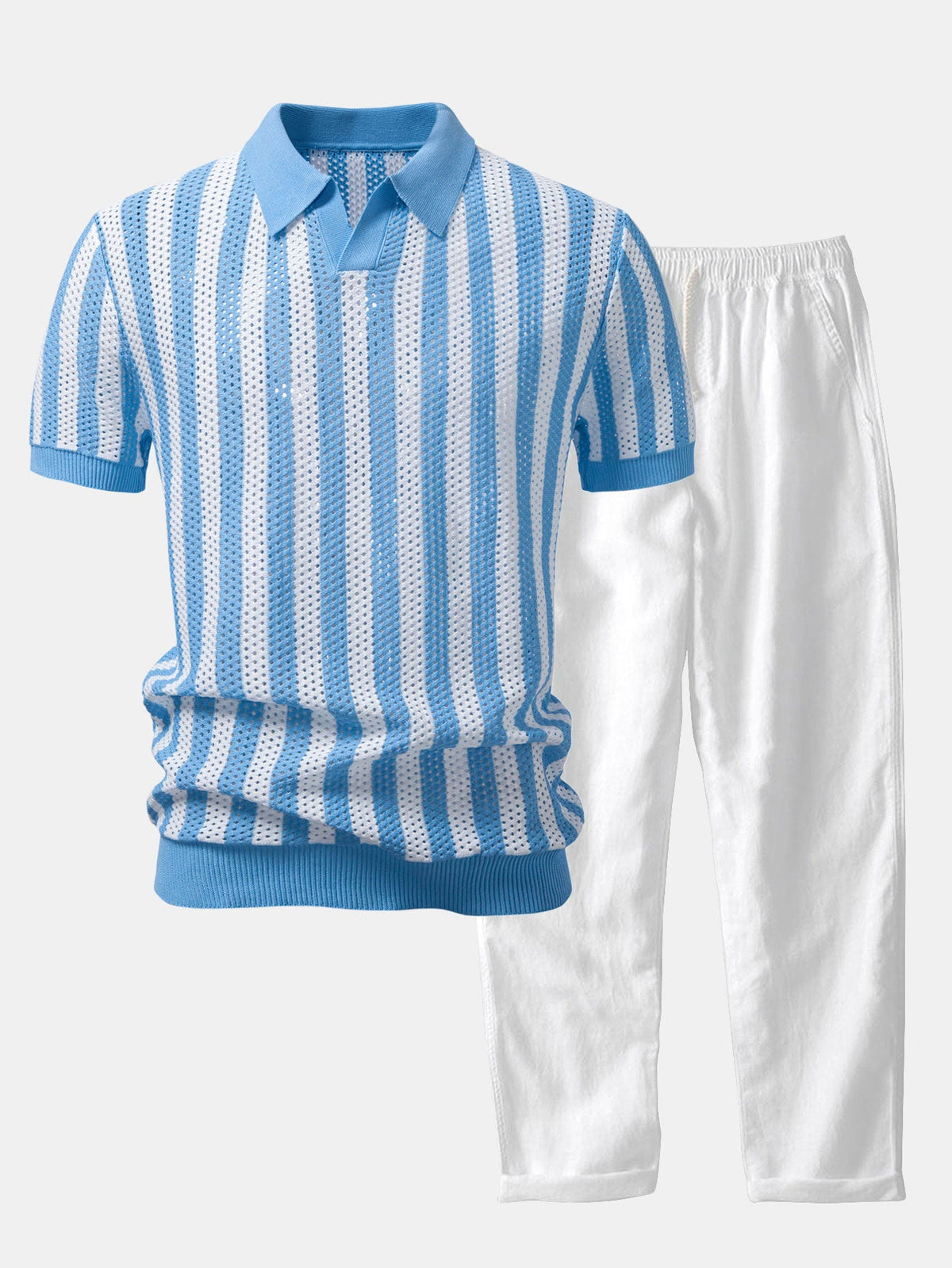 Polo de punto abierto a rayas con cuello Johnny y pantalones de lino de pierna recta