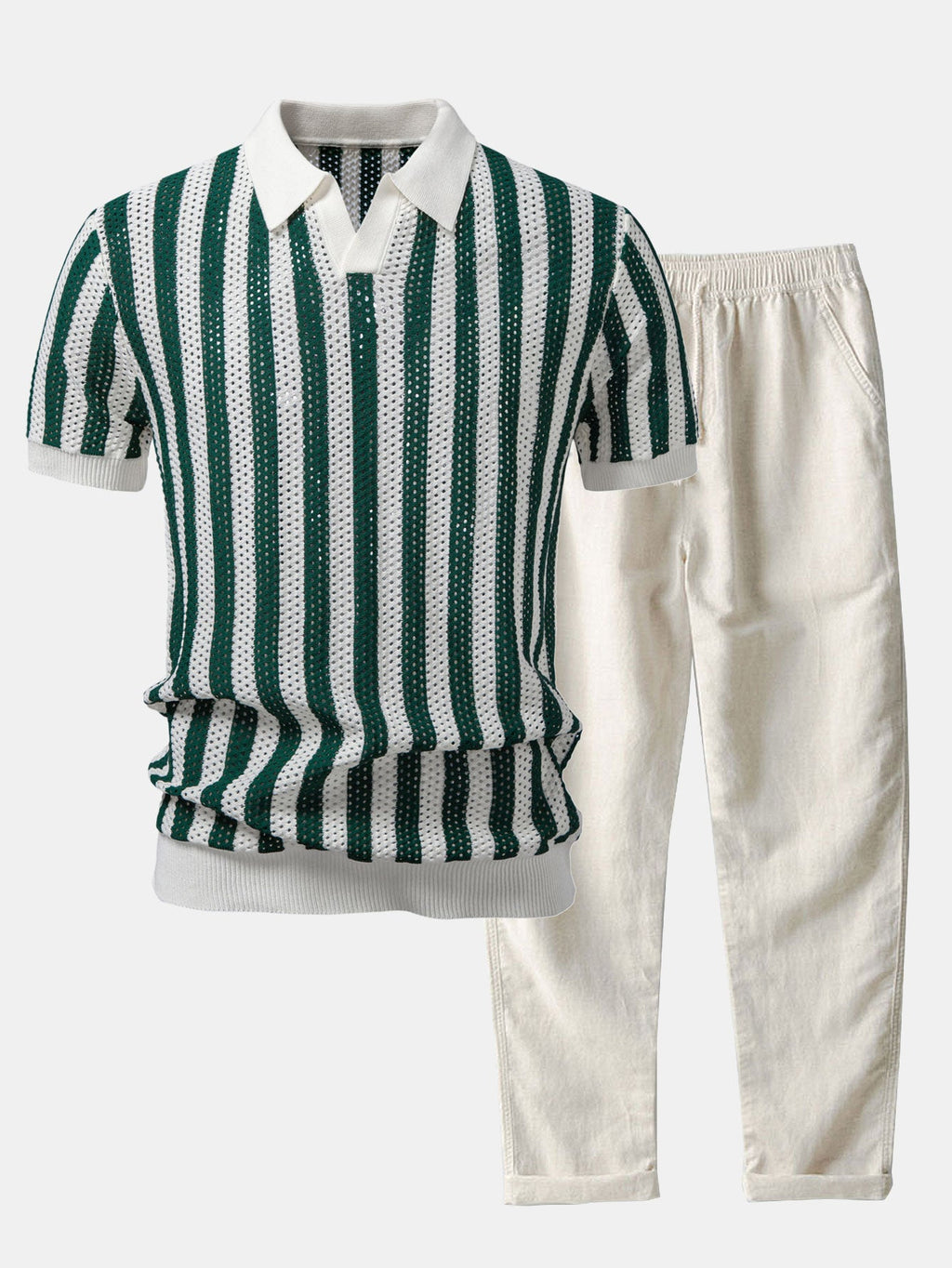 Polo de punto abierto a rayas con cuello Johnny y pantalones de lino de pierna recta