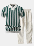 Polo de punto abierto a rayas con cuello Johnny y pantalones de lino de pierna recta
