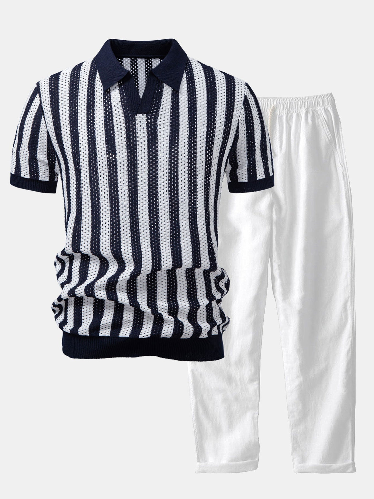 Polo de punto abierto a rayas con cuello Johnny y pantalones de lino de pierna recta