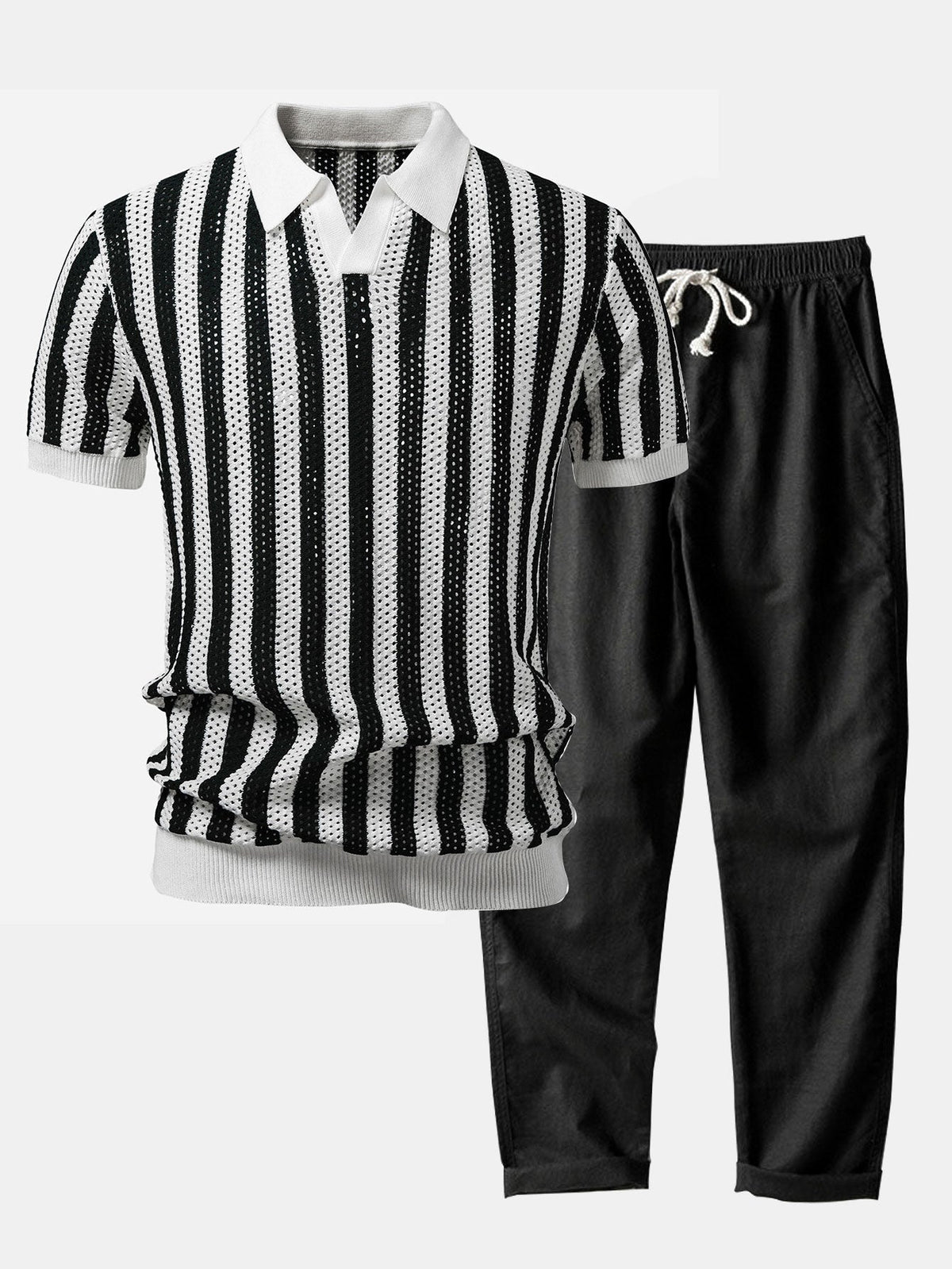 Polo de punto abierto a rayas con cuello Johnny y pantalones de lino de pierna recta