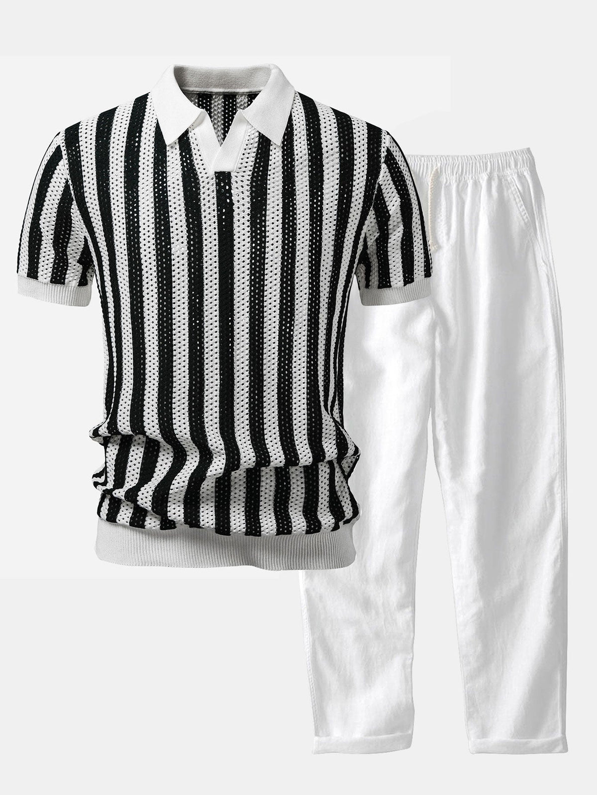 Polo de punto abierto a rayas con cuello Johnny y pantalones de lino de pierna recta